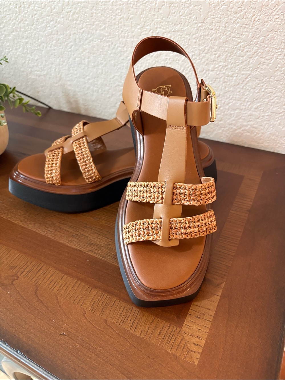 Dune London Tan Woven-Strap Platform Sandals